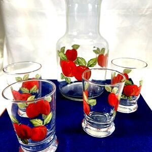 Vintage Glass Pitcher Tumbler Set Anchor Hocking 2qt Pitcher w/four 4 Oz Glasses